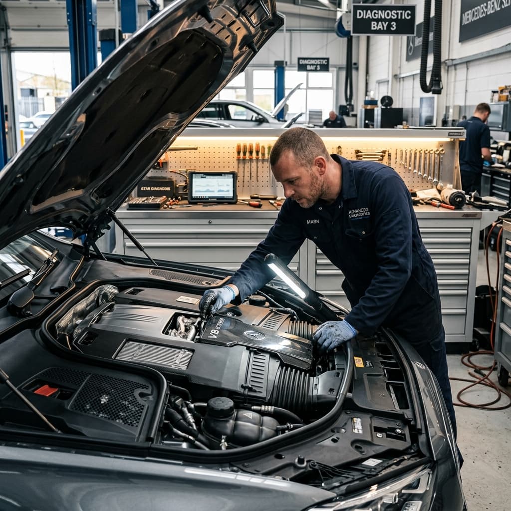 Professional Mechanic Diagnosing Engine
